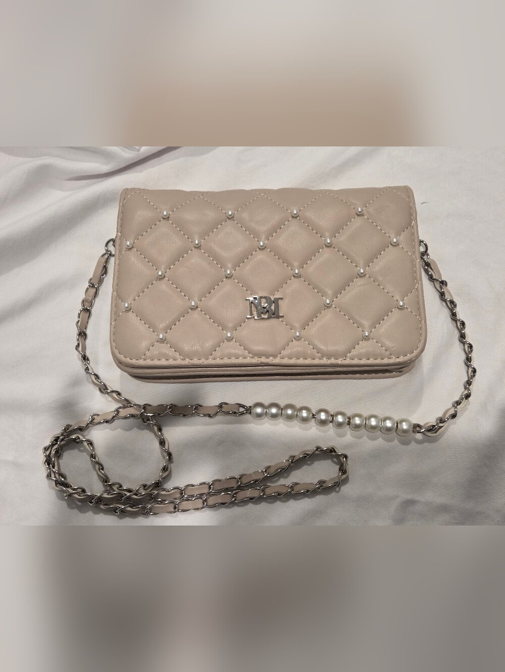 Badgley Mischka Quilted Pearl-Embellished Crossbody - Soft Pink